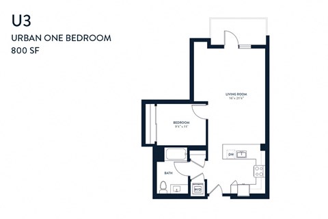 Floor plan for 1 bed, 1 bath, 827 sqft